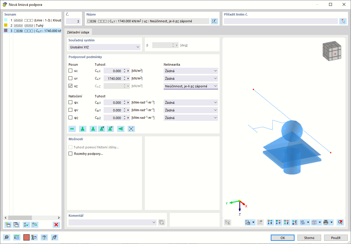 Dialog ' Nová liniová podpora '