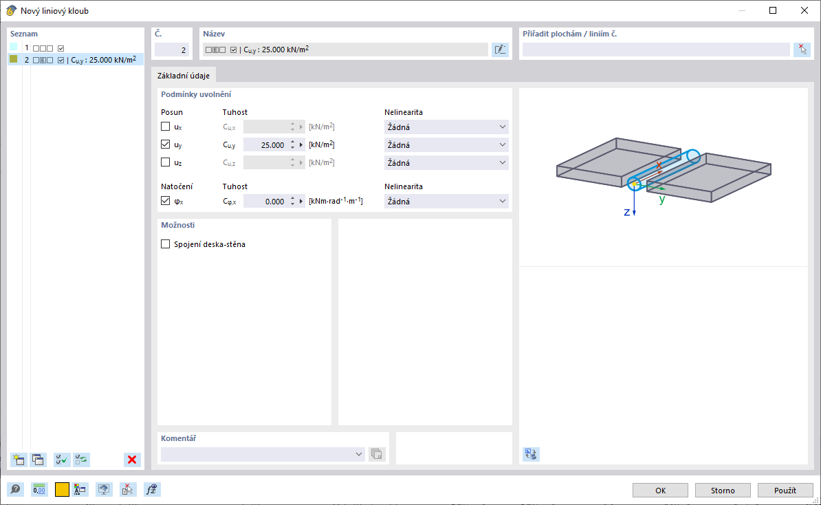Dialog „Nový liniový kloub“