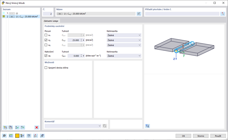 Dialog „Nový liniový kloub“
