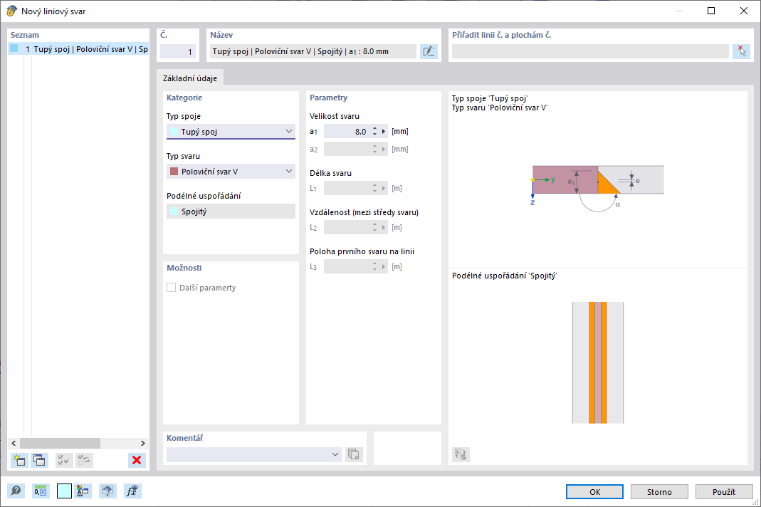 Dialog ' Nový liniově svařovaný spoj '