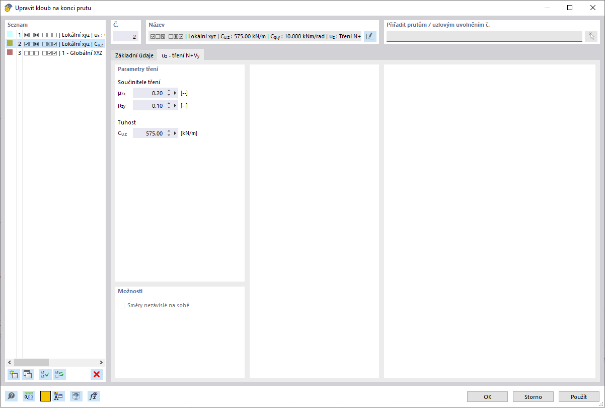 Zadání součinitelů tření