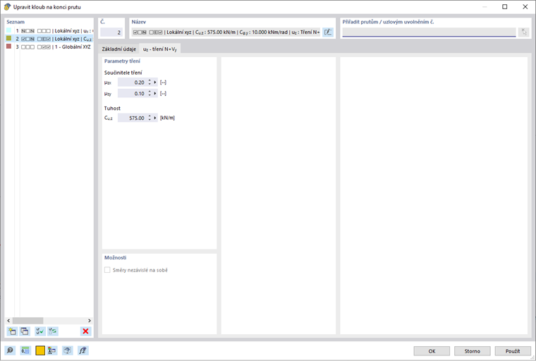 Zadání součinitelů tření