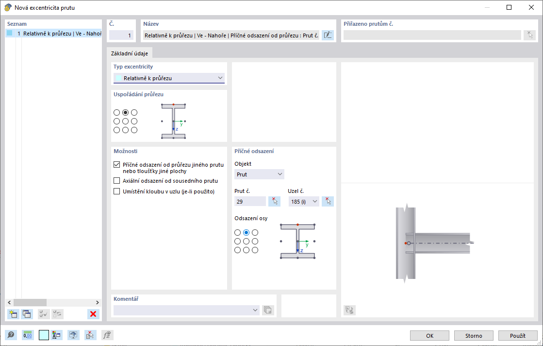 Dialog "Nová excentricita prutu"