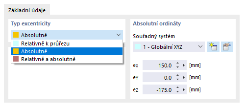Výběr typu excentricity a zadání absolutních pořadnic