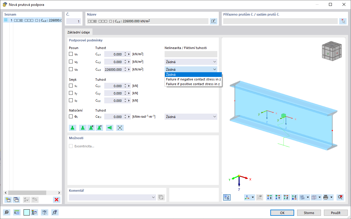 Dialog ' Nová podpora pro pruty '