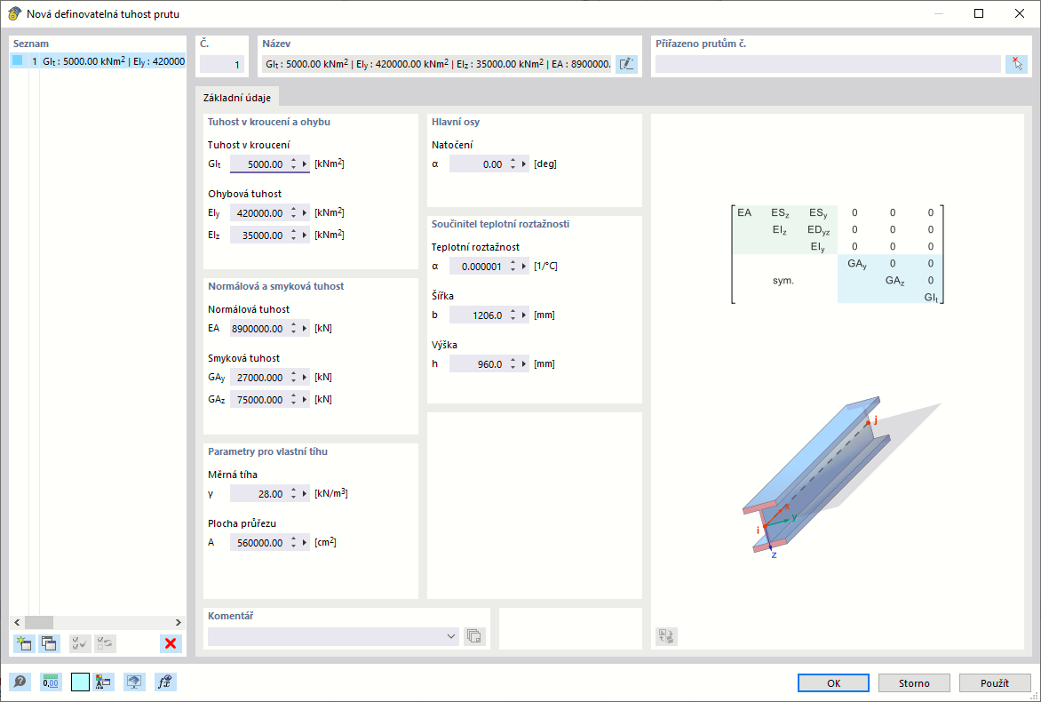 Dialog ' Nová definovatelná prutová tuhost '