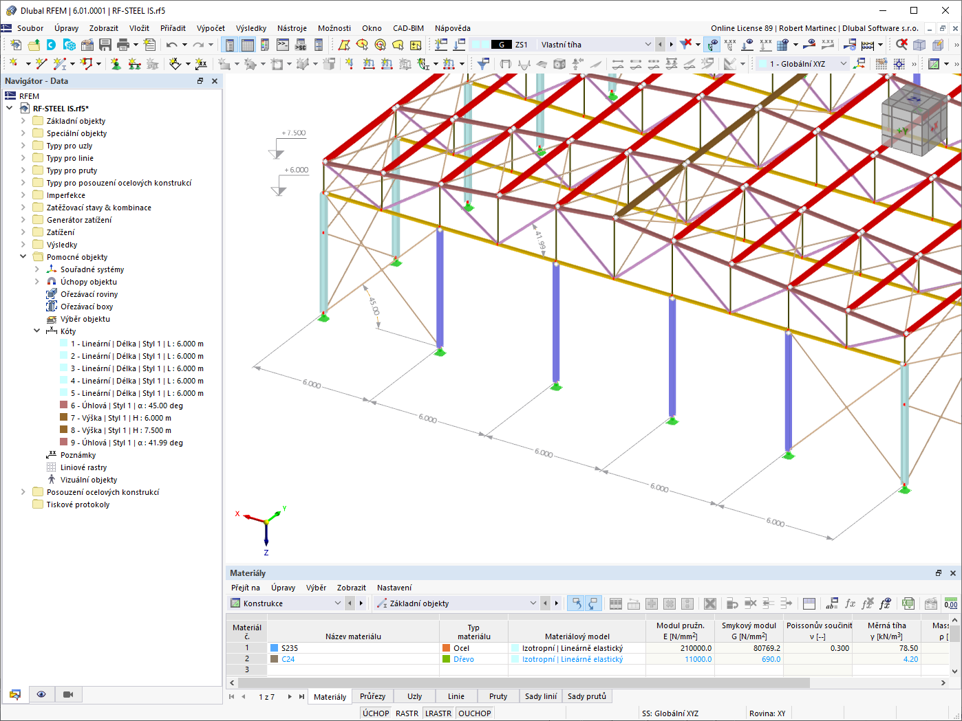 Tento snímek zobrazuje model ocelové haly s ocelovými profily tvarovanými za studena navrženými v programu RFEM 6.