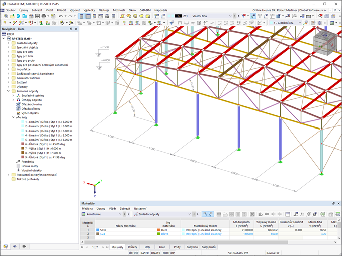 Tento snímek zobrazuje model ocelové haly s ocelovými profily tvarovanými za studena navrženými v programu RFEM 6.