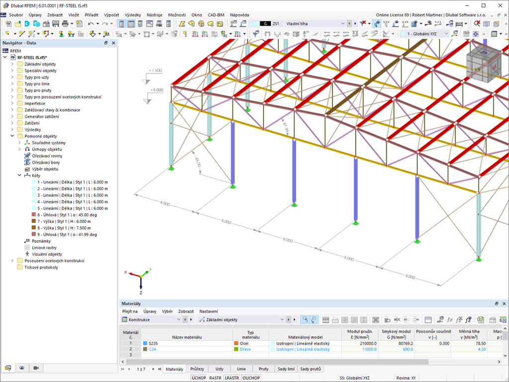 Tento snímek zobrazuje model ocelové haly s ocelovými profily tvarovanými za studena navrženými v programu RFEM 6.