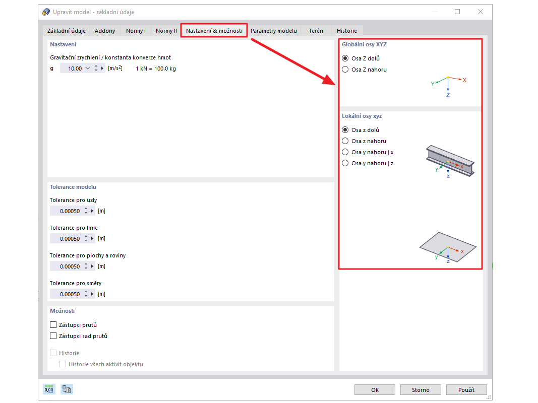 FAQ 005046 | Kde mohu v programu nastavit, zda mají globální osa Z a lokální osy směřovat dolů nebo nahoru?