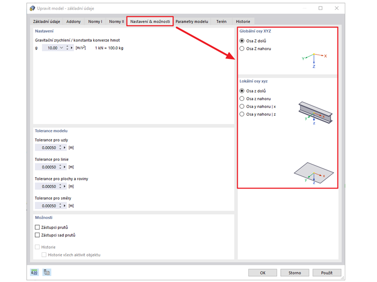 FAQ 005046 | Kde mohu v programu nastavit, zda mají globální osa Z a lokální osy směřovat dolů nebo nahoru?