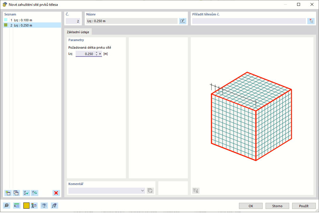 ' Dialog Nové zahuštění sítě těles '