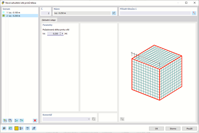' Dialog Nové zahuštění sítě těles '