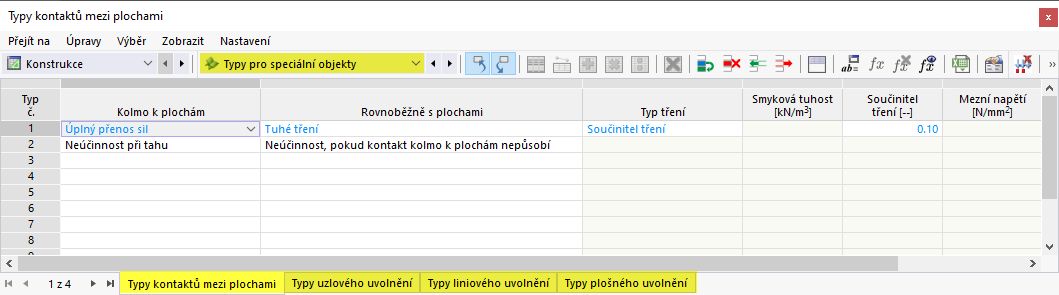 Typy pro speciální objekty v tabulce