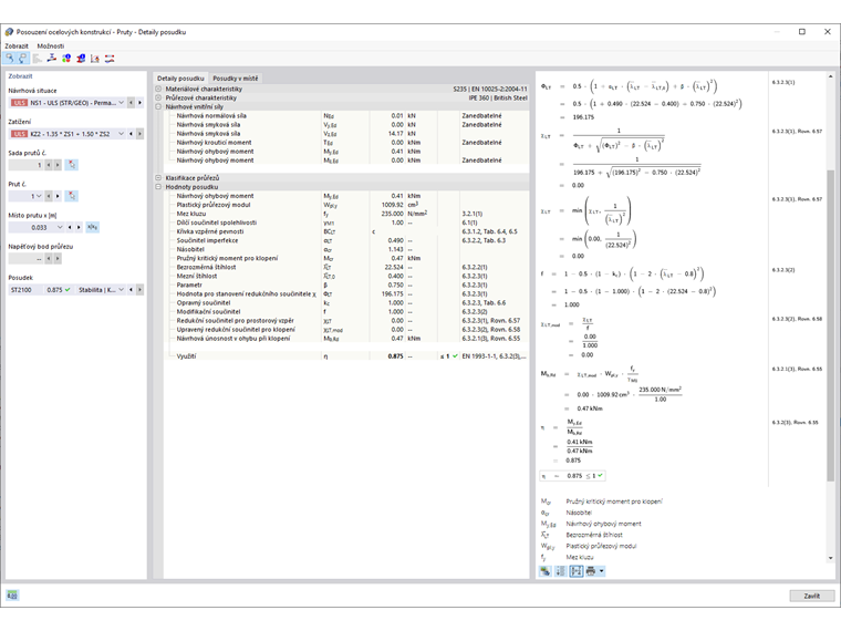 Detaily posouzení prutů se vzorci