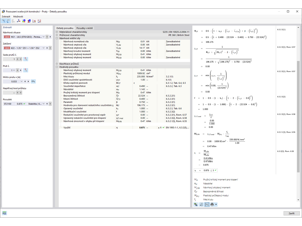 Detaily posouzení prutů se vzorci