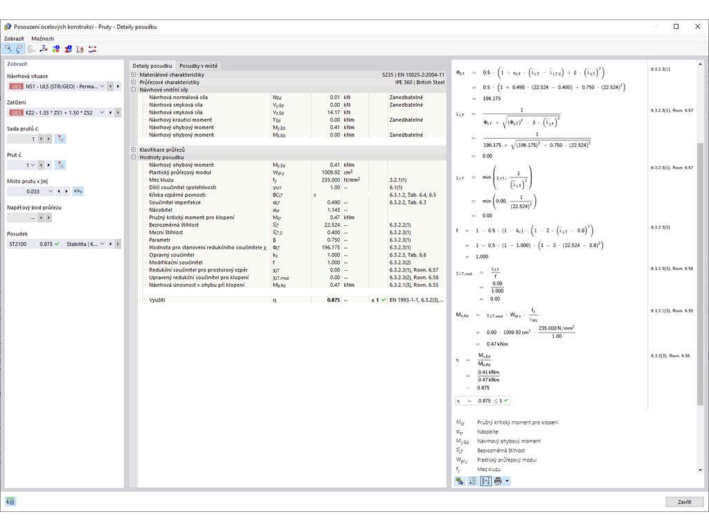 Detaily posouzení prutů se vzorci