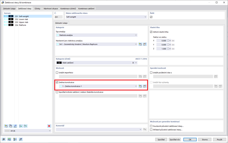 FAQ 005052 | Jak mohu deaktivovat určité objekty, jako jsou pruty, plochy nebo podpory, pro jednotlivé zatěžovací stavy?