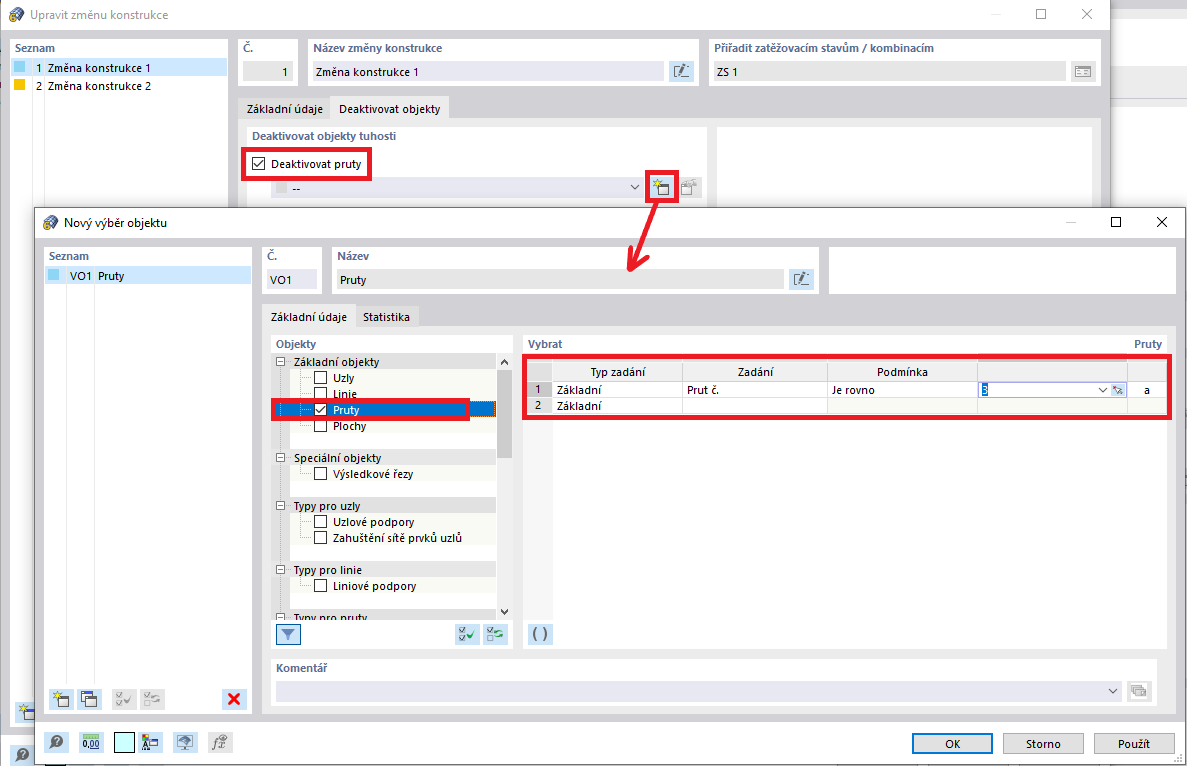 FAQ 005052 | Jak mohu deaktivovat určité objekty, jako jsou pruty, plochy nebo podpory, pro jednotlivé zatěžovací stavy?