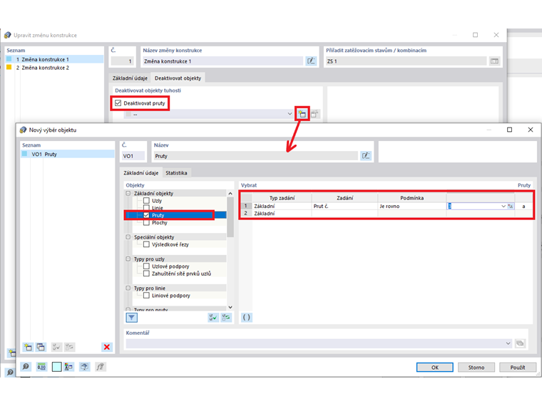 FAQ 005052 | Jak mohu deaktivovat určité objekty, jako jsou pruty, plochy nebo podpory, pro jednotlivé zatěžovací stavy?