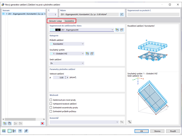 FAQ 005053 | Jaké jsou možnosti pro přerozdělení plošných zatížení na pruty rovinného prutového systému?