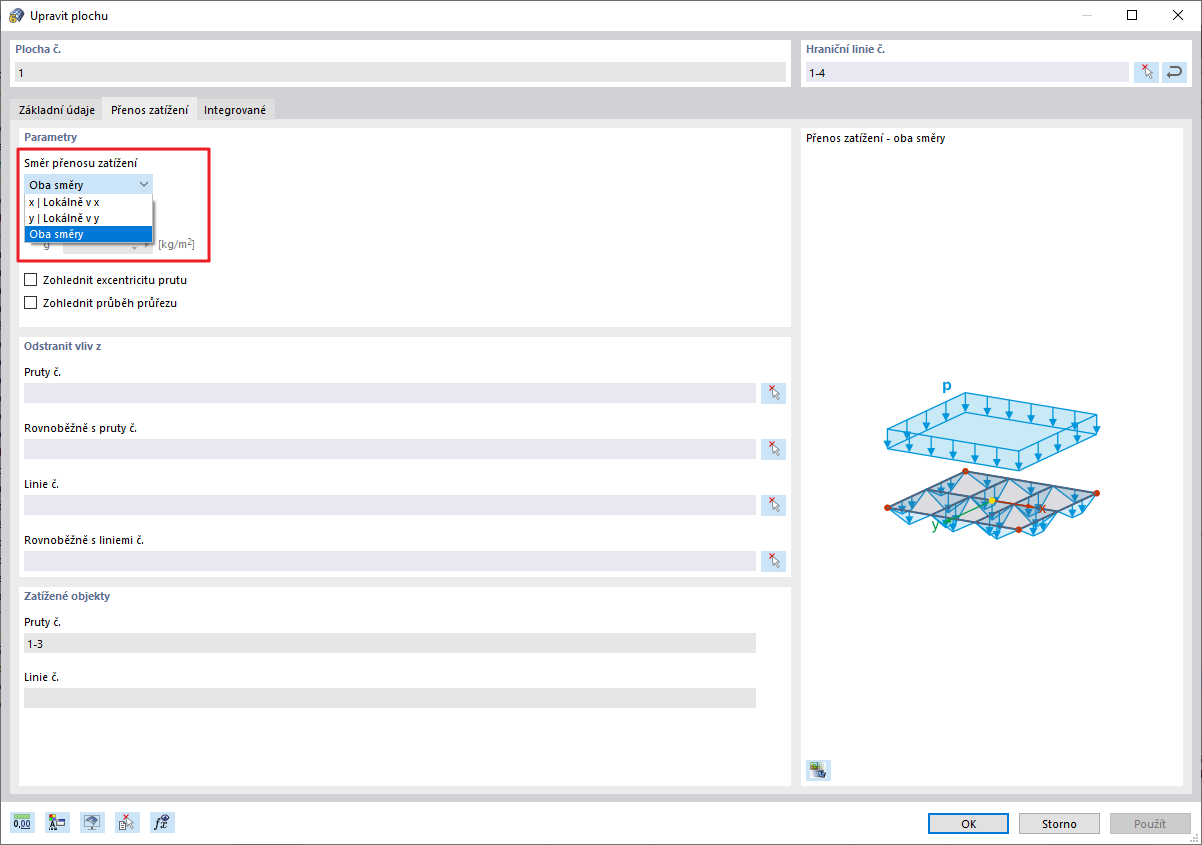 FAQ 005057 | Mám nosníkový rošt s pruty ve směru X a Y. Po vnesení zatížení pomocí typu plochy "Přenos zatížení" se zatíží pouze...