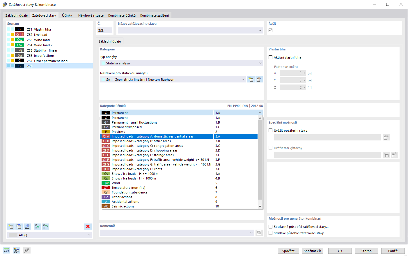 Automatické generování zatěžovacích stavů a kombinací v přehledném okně