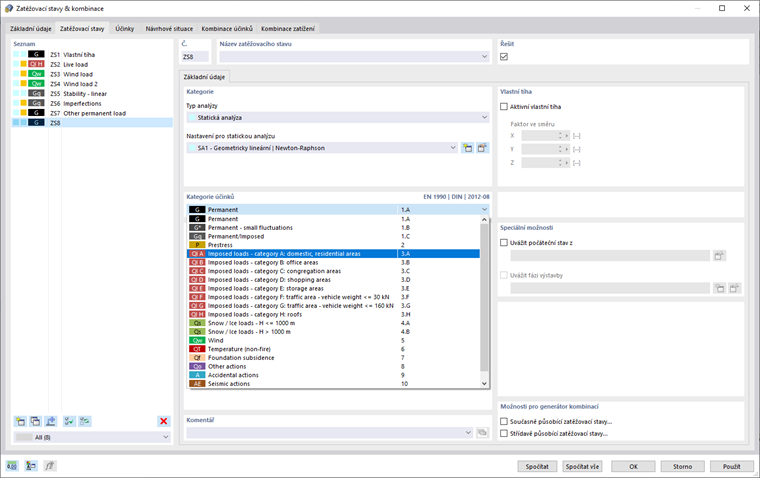 Automatické generování zatěžovacích stavů a kombinací v přehledném okně