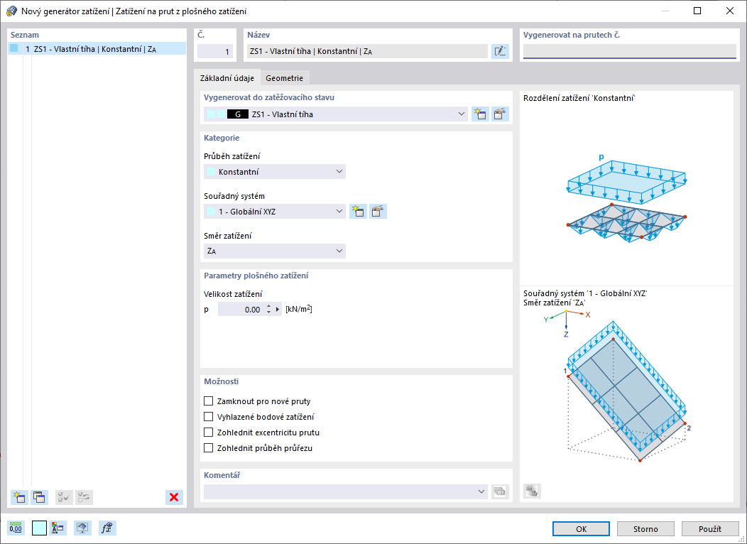 Funkce 002014 | Generování zatížení na pruty/linie z plošných zatížení