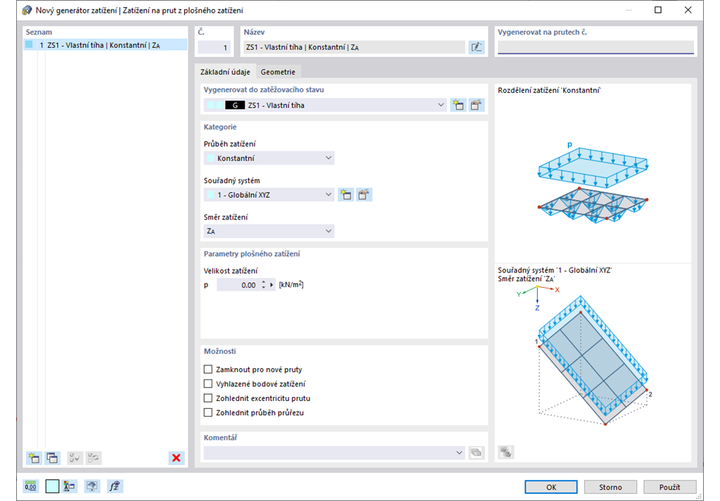Funkce 002014 | Generování zatížení na pruty/linie z plošných zatížení