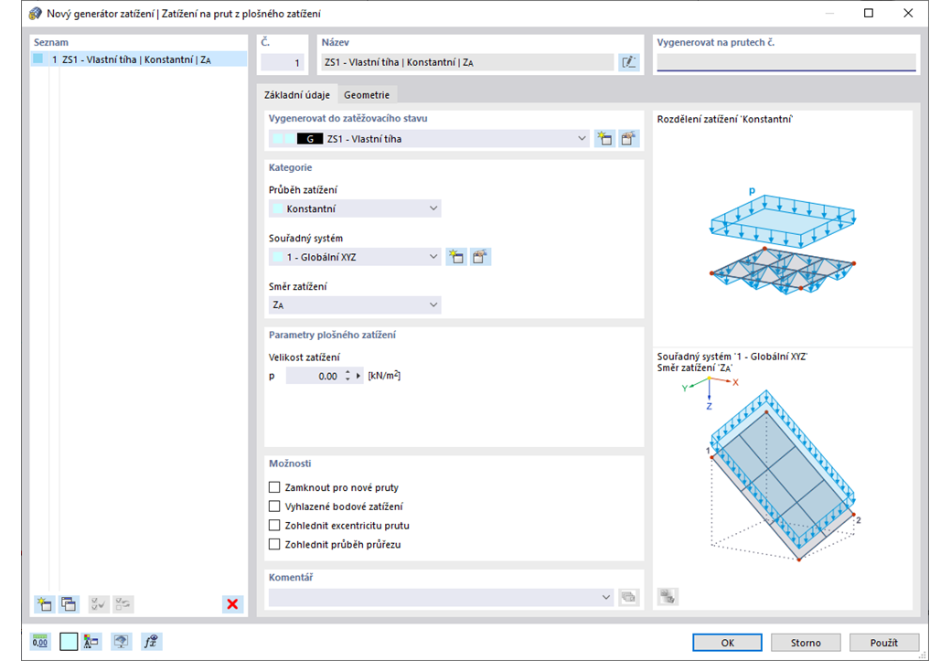 Funkce 002014 | Generování zatížení na pruty/linie z plošných zatížení