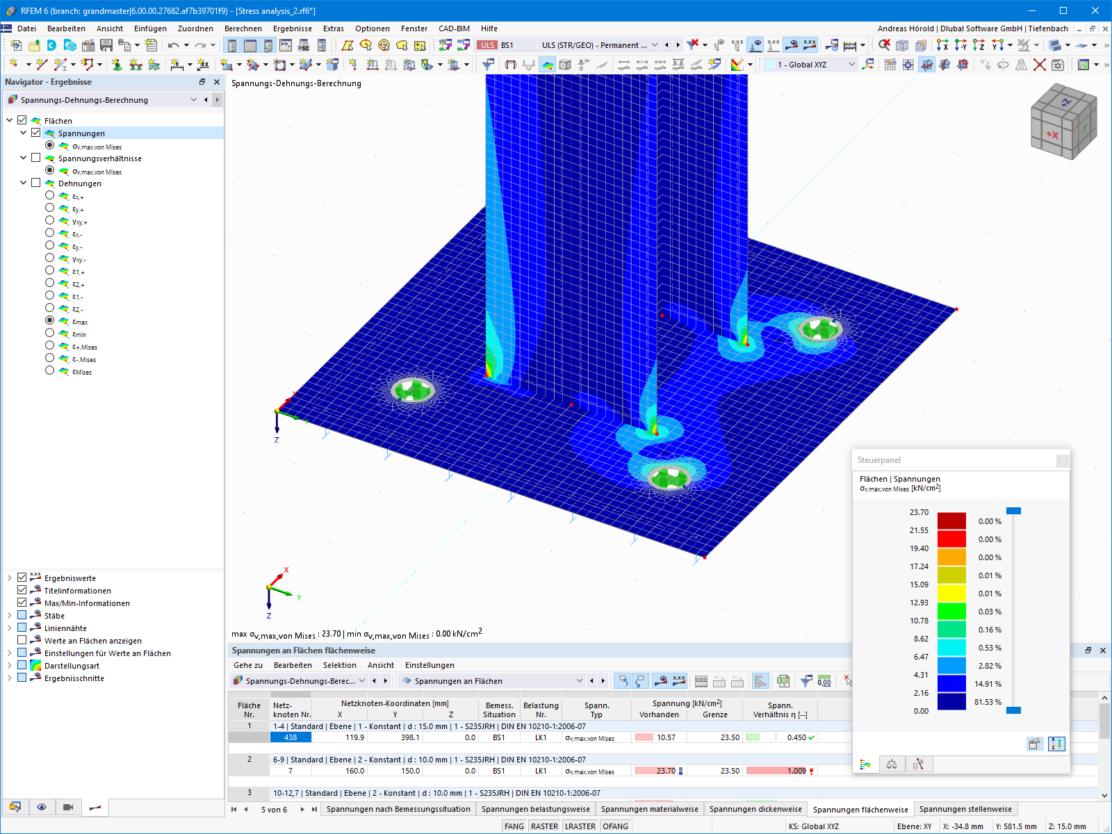 Grafický a tabulkový výpočet napětí v addonu RFEM 6.