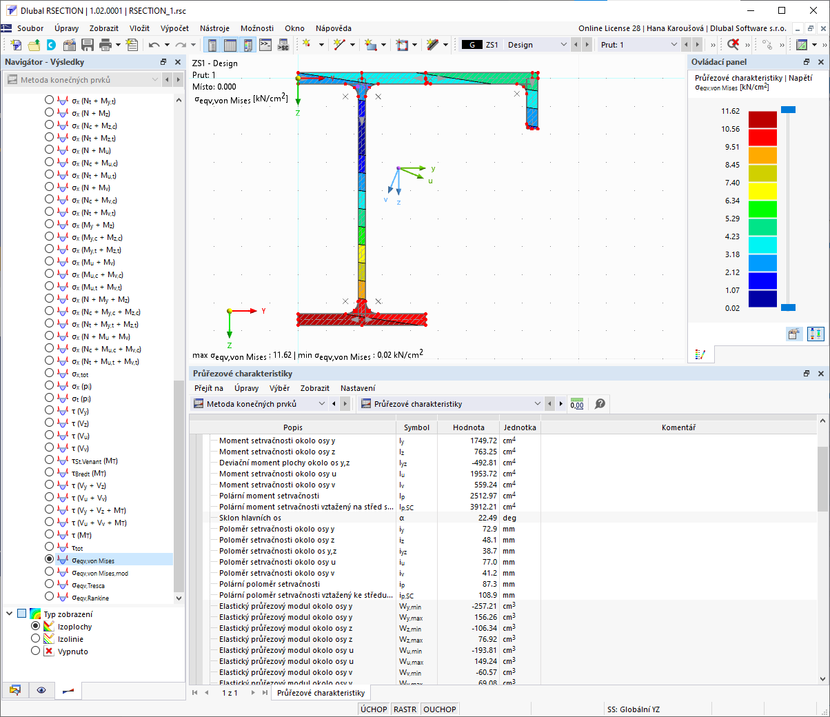 Tabulkové zobrazení průřezových charakteristik a grafické rozložení napětí pro obecný návrh průřezu.