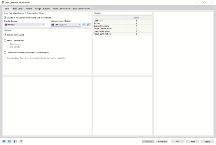 Dialogové okno "Zatěžovací stavy a kombinace", záložka "Základní údaje"