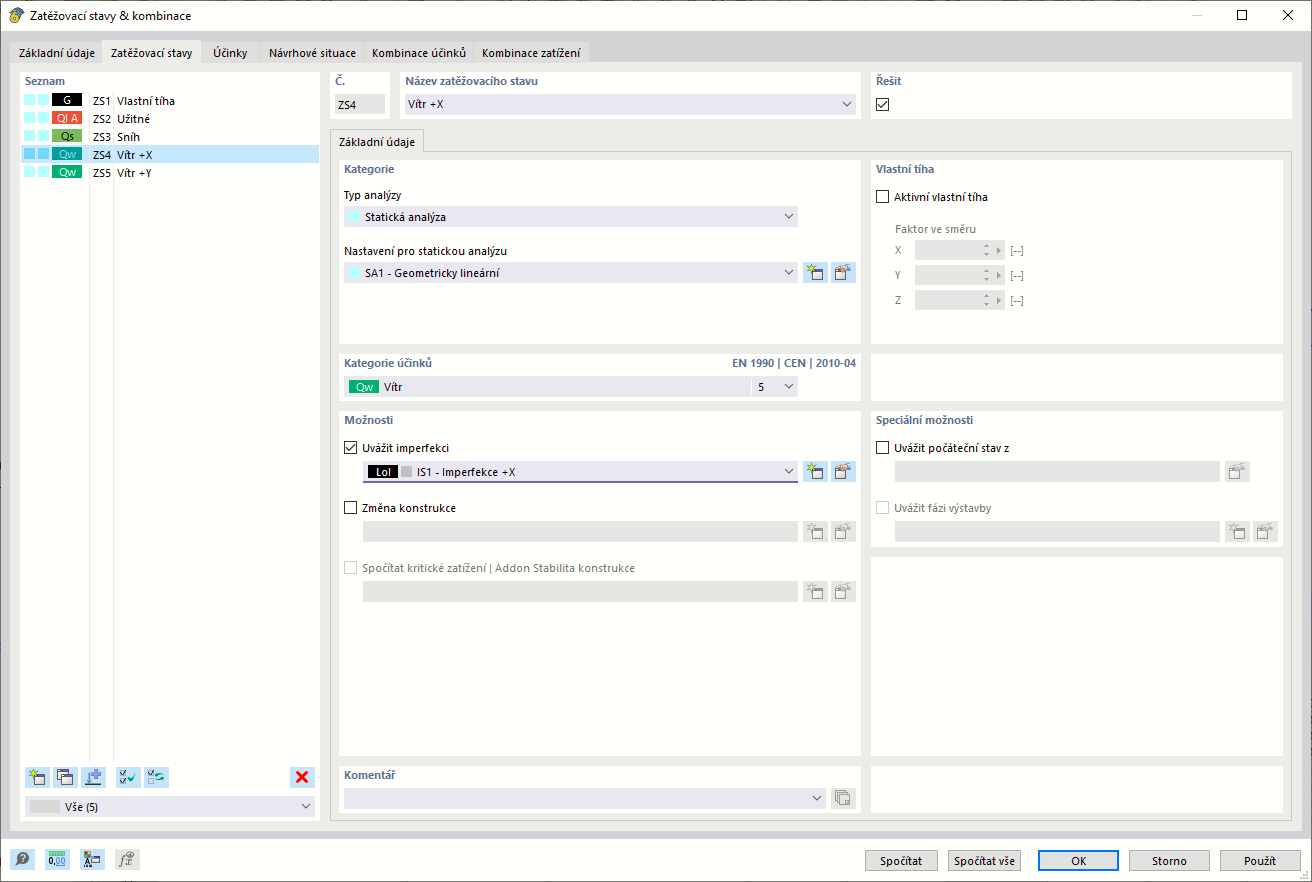 Záložka 'Zatěžovací stavy' v dialogu ' Zatěžovací stavy a kombinace '
