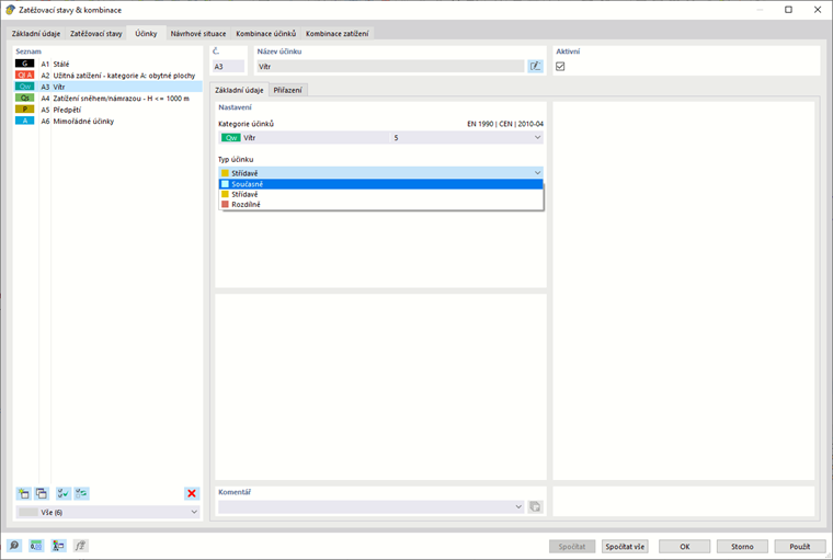 Dialog 'Účinky' v dialogu ' Zatěžovací stavy a kombinace '