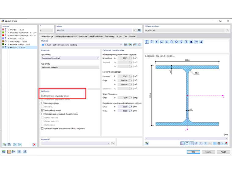 FAQ 005073 | Jak mohu deaktivovat zohlednění smykové tuhosti pro výpočet průřezu?