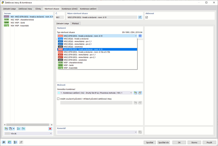 Dialog "Zatěžovací stavy a kombinace", záložka "Návrhové situace"