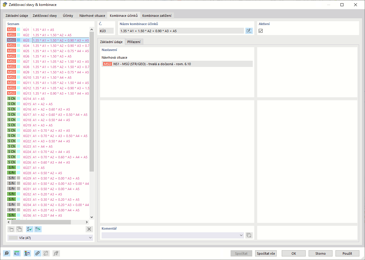 Záložka 'Kombinace účinků' v dialogu ' Zatěžovací stavy a kombinace '
