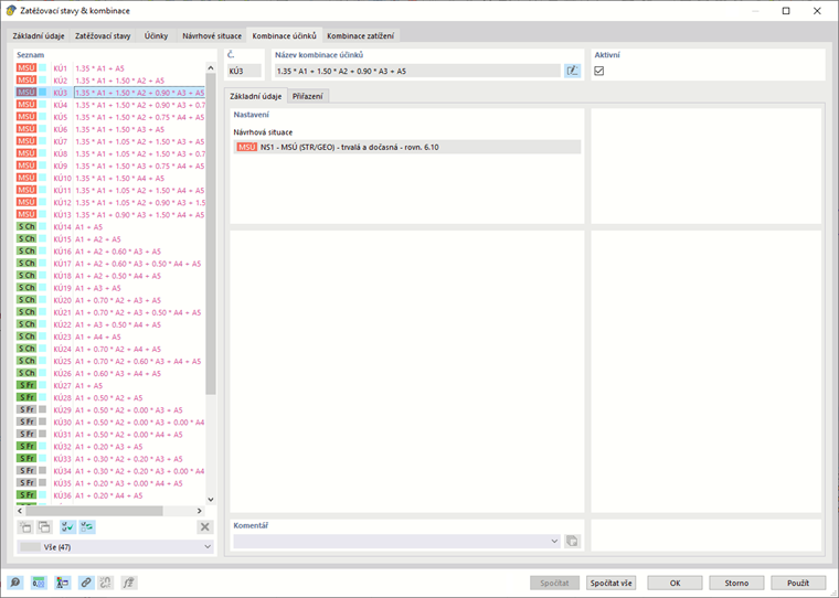 Záložka 'Kombinace účinků' v dialogu ' Zatěžovací stavy a kombinace '