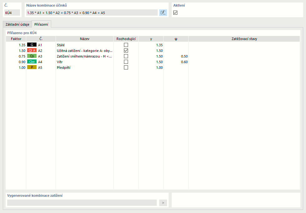 Přiřazení účinků pro kombinace účinků