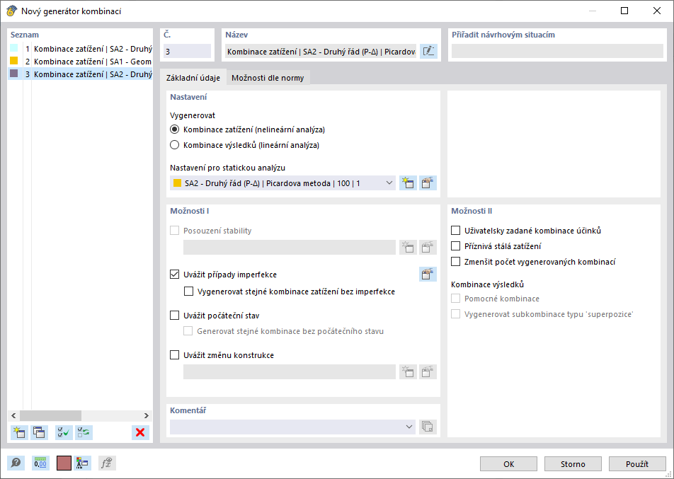 Dialog "Nový generátor kombinací"