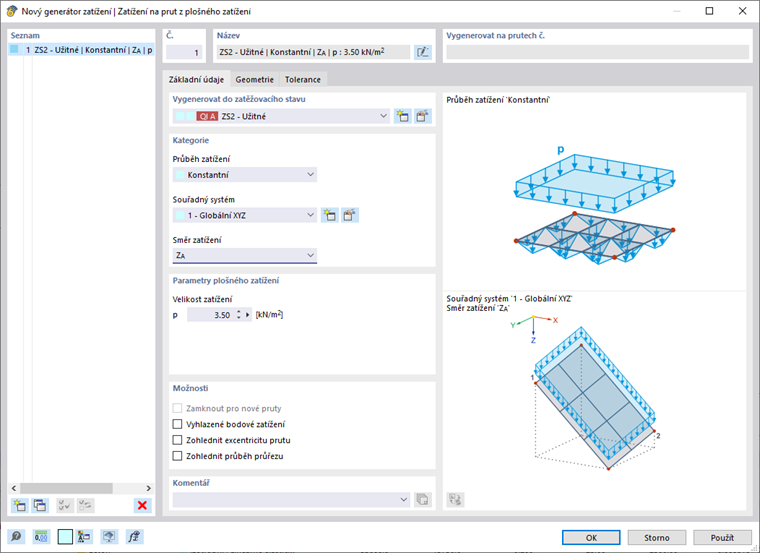 Dialog "Nový generátor zatížení" | | Zatížení na prut z plošného zatížení "