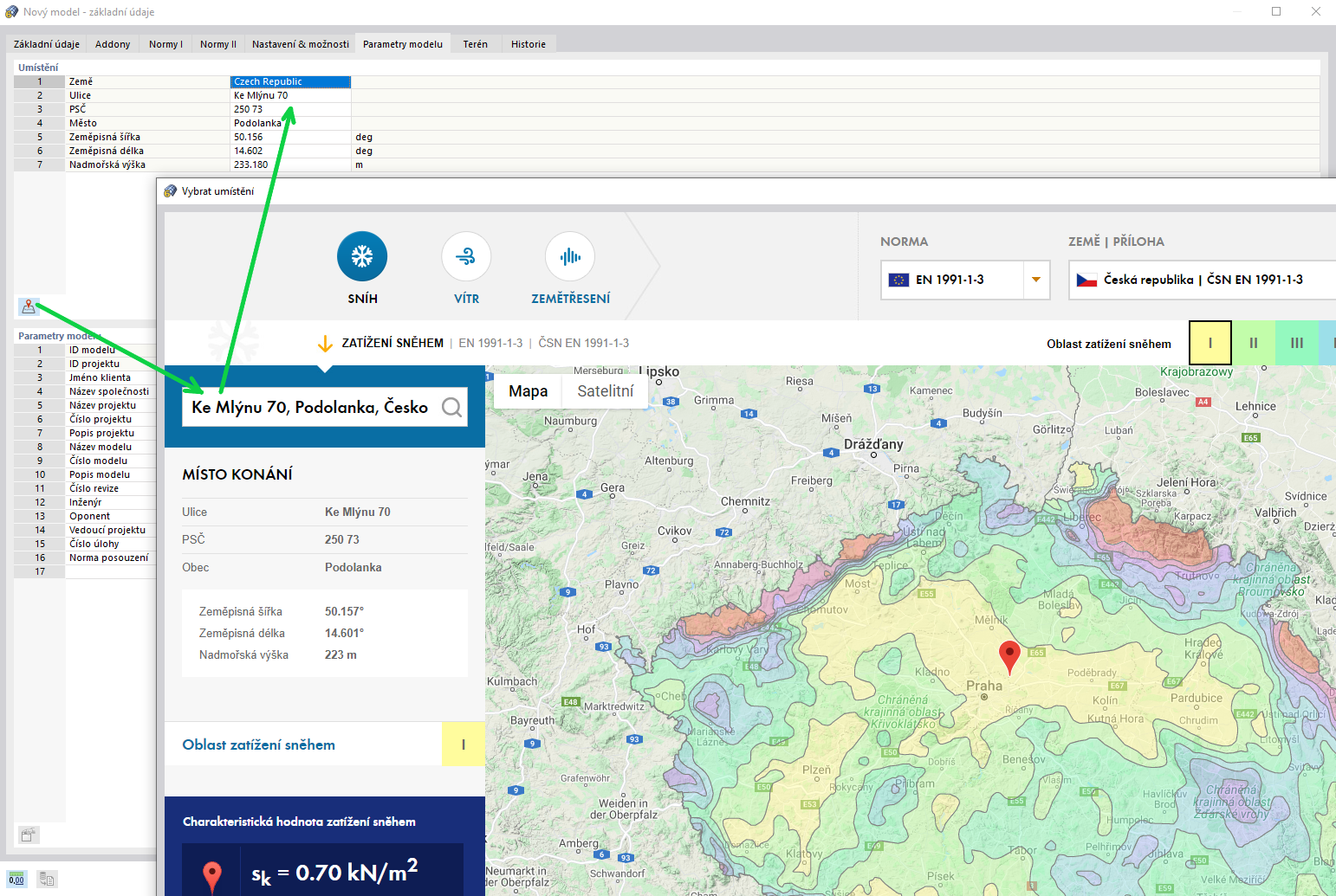 Automatické převzetí polohy staveniště pro stanovení zatížení