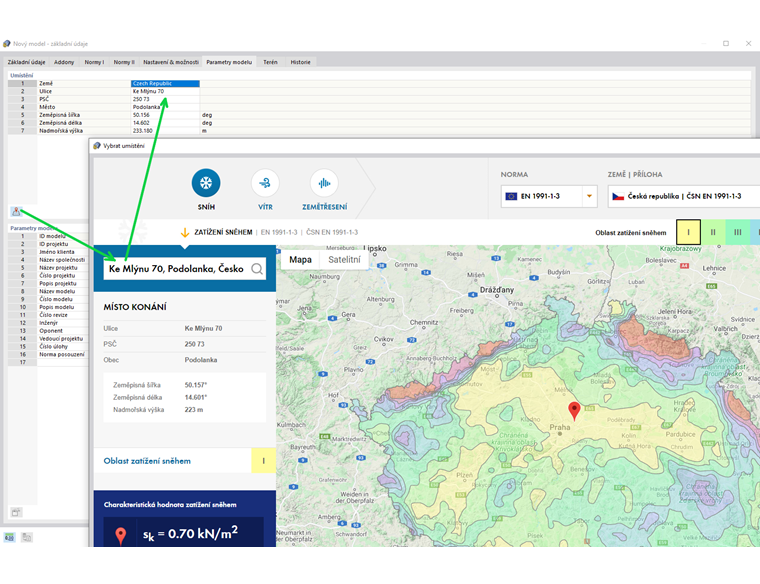 Automatické převzetí polohy staveniště pro stanovení zatížení