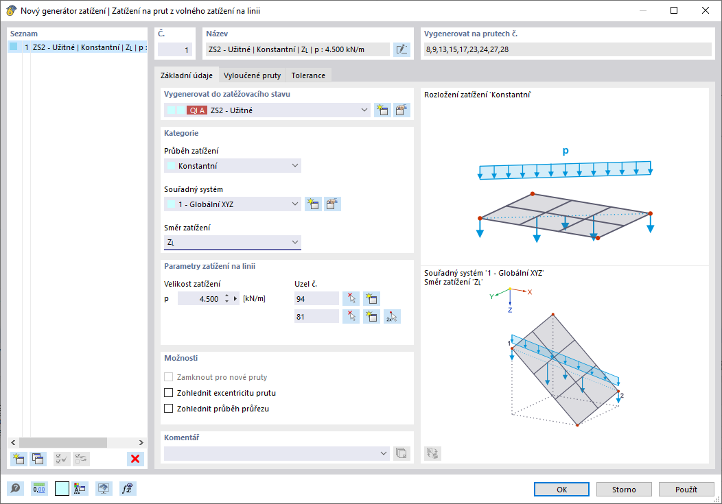 Dialog "Nový generátor zatížení" | Zatížení na pruty z volného zatížení na linii "
