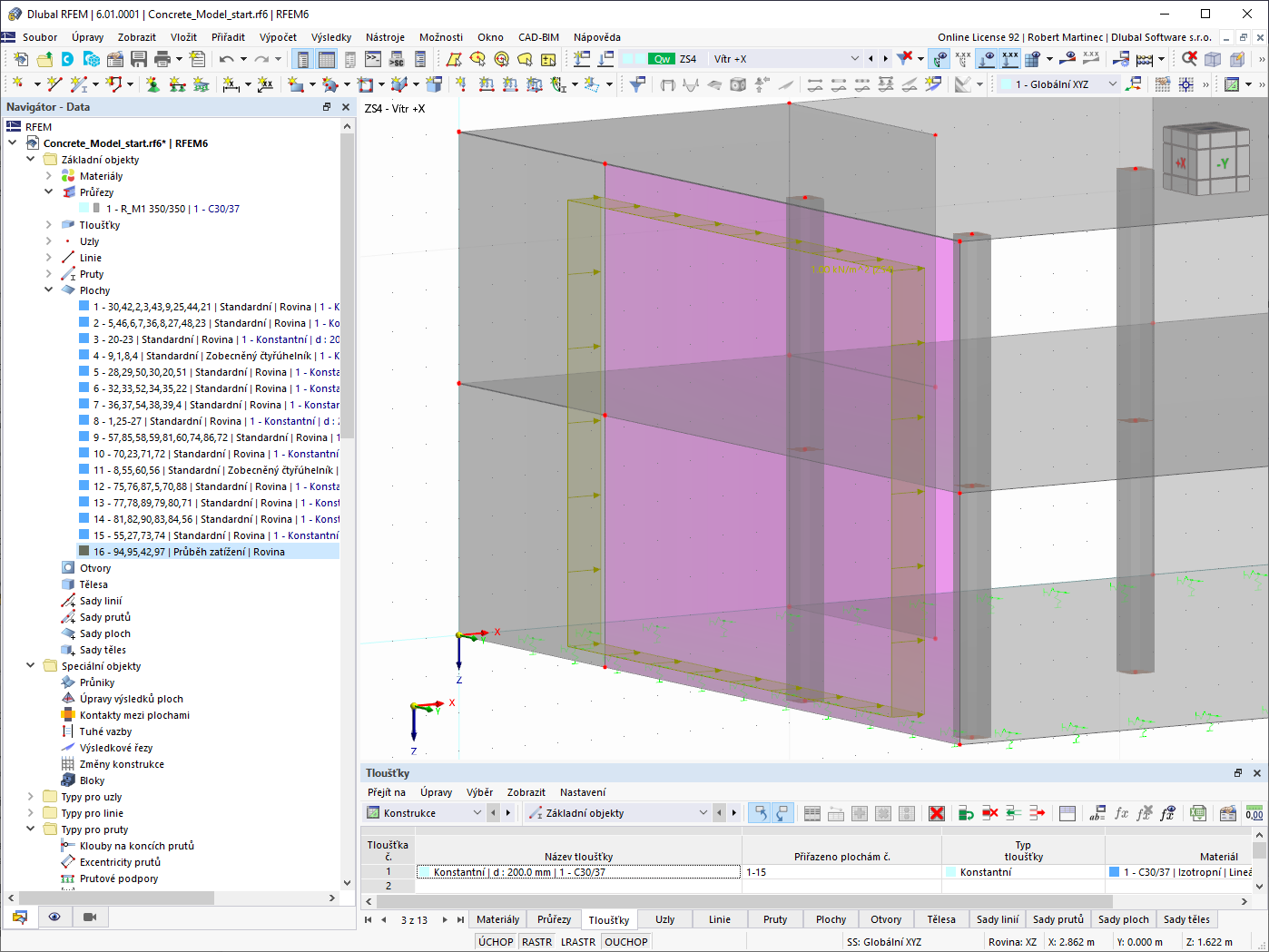 Plocha pro přenos zatížení pro zohlednění zatížení větrem na fasádě