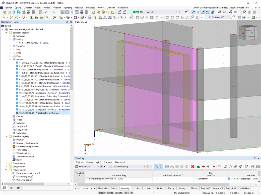 Plocha pro přenos zatížení pro zohlednění zatížení větrem na fasádě