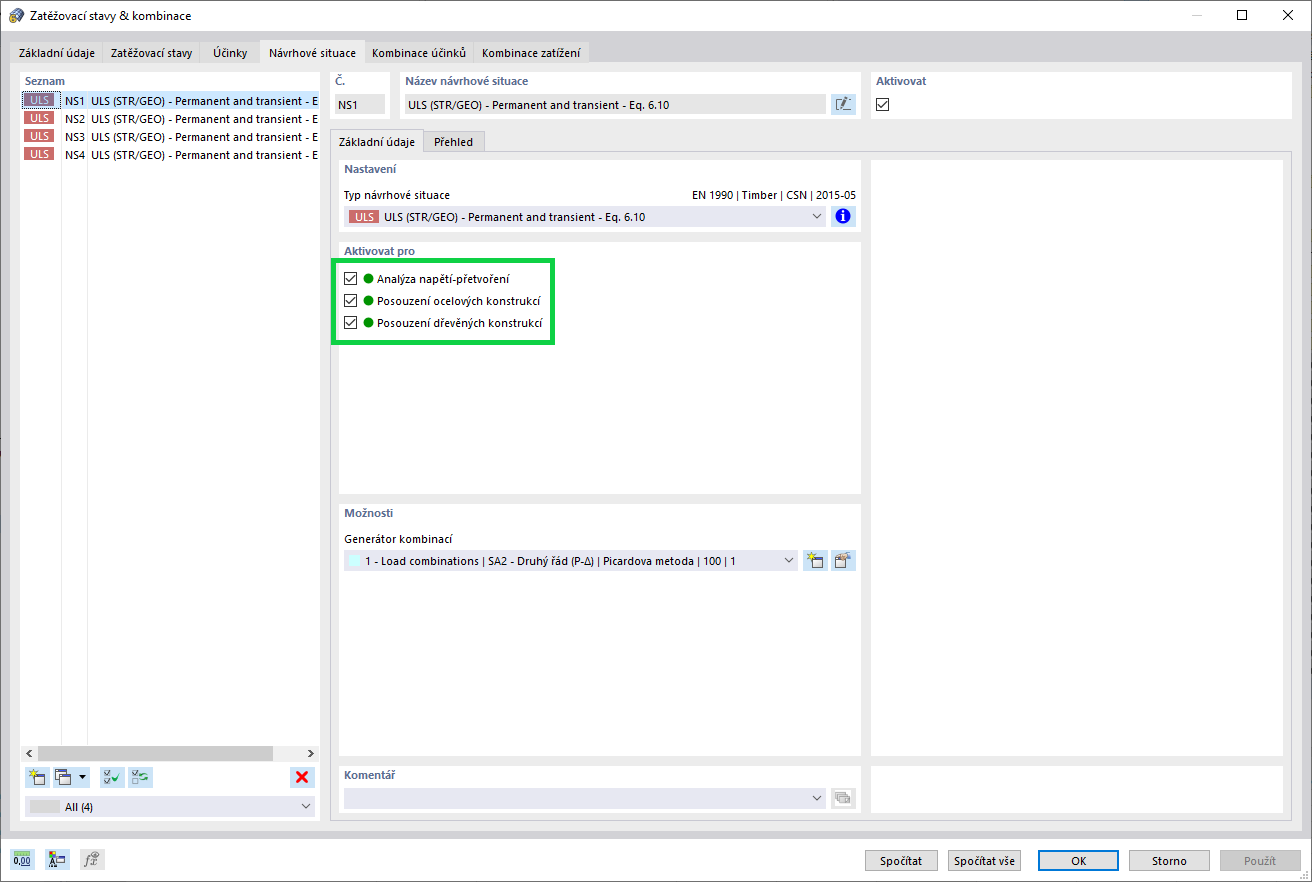 Návrhová situace pro posouzení různých materiálů