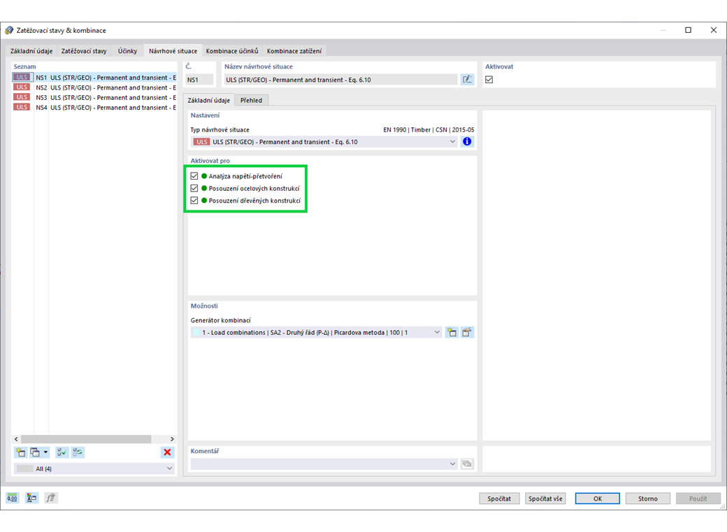 Návrhová situace pro posouzení různých materiálů